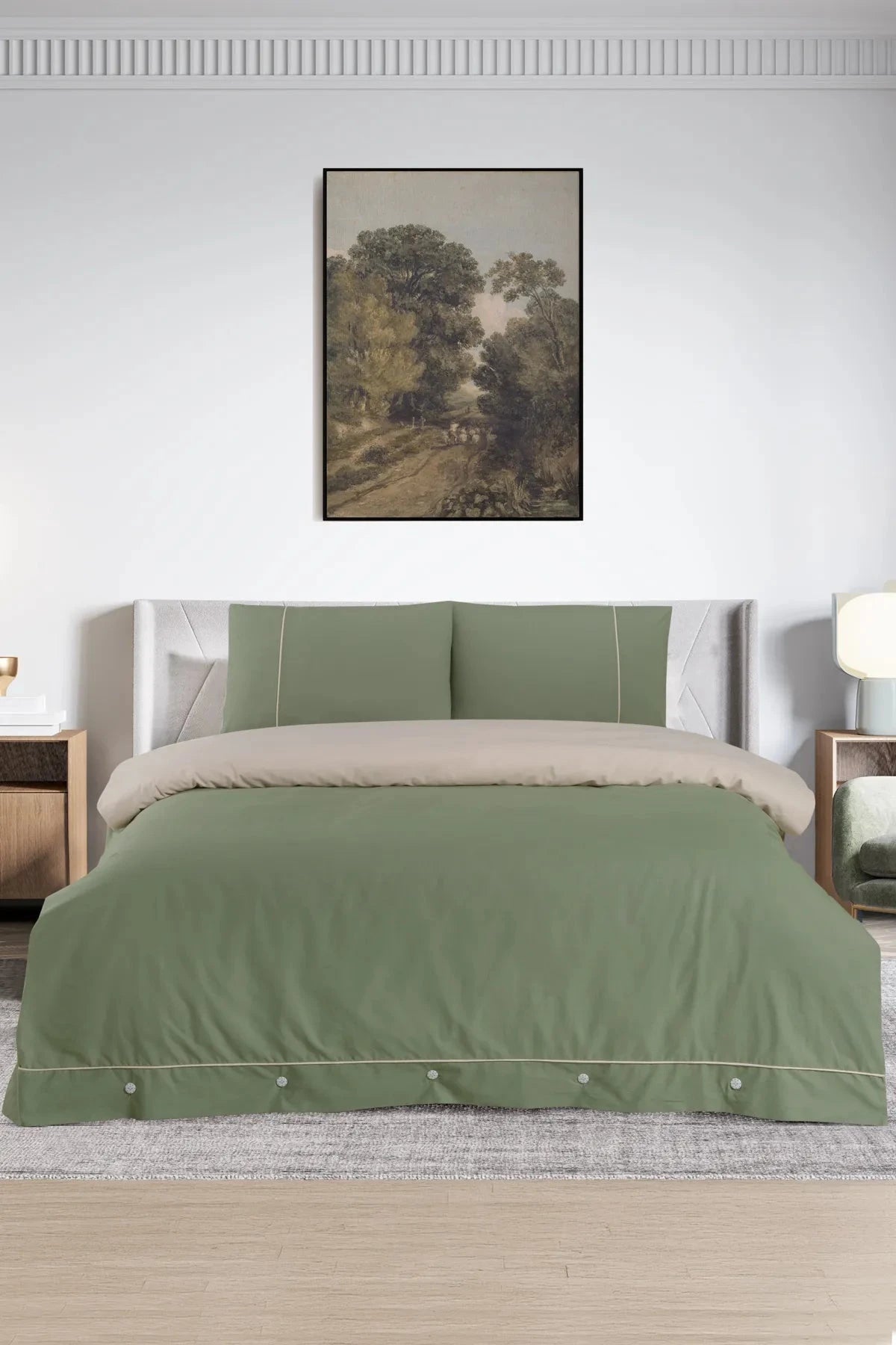 Pierre Cardin Pamuk Nevresim Takımı Biyeli Çift Kişilik Yeşil-Krem Pierre Cardin