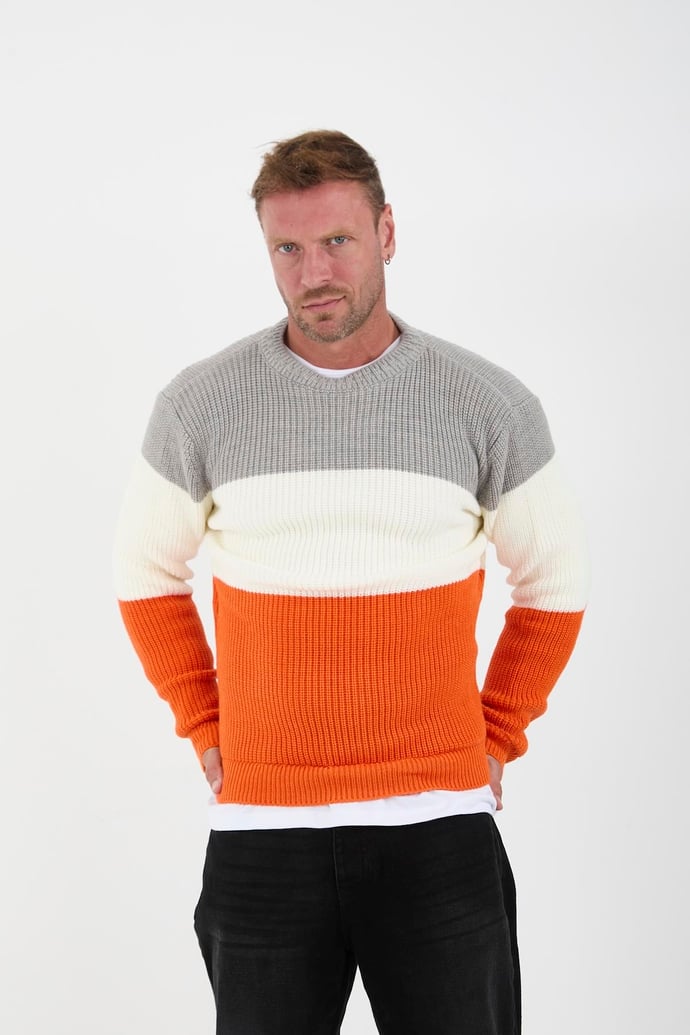 <tc>Pull à col rond à motif bicolore - Orange</tc>