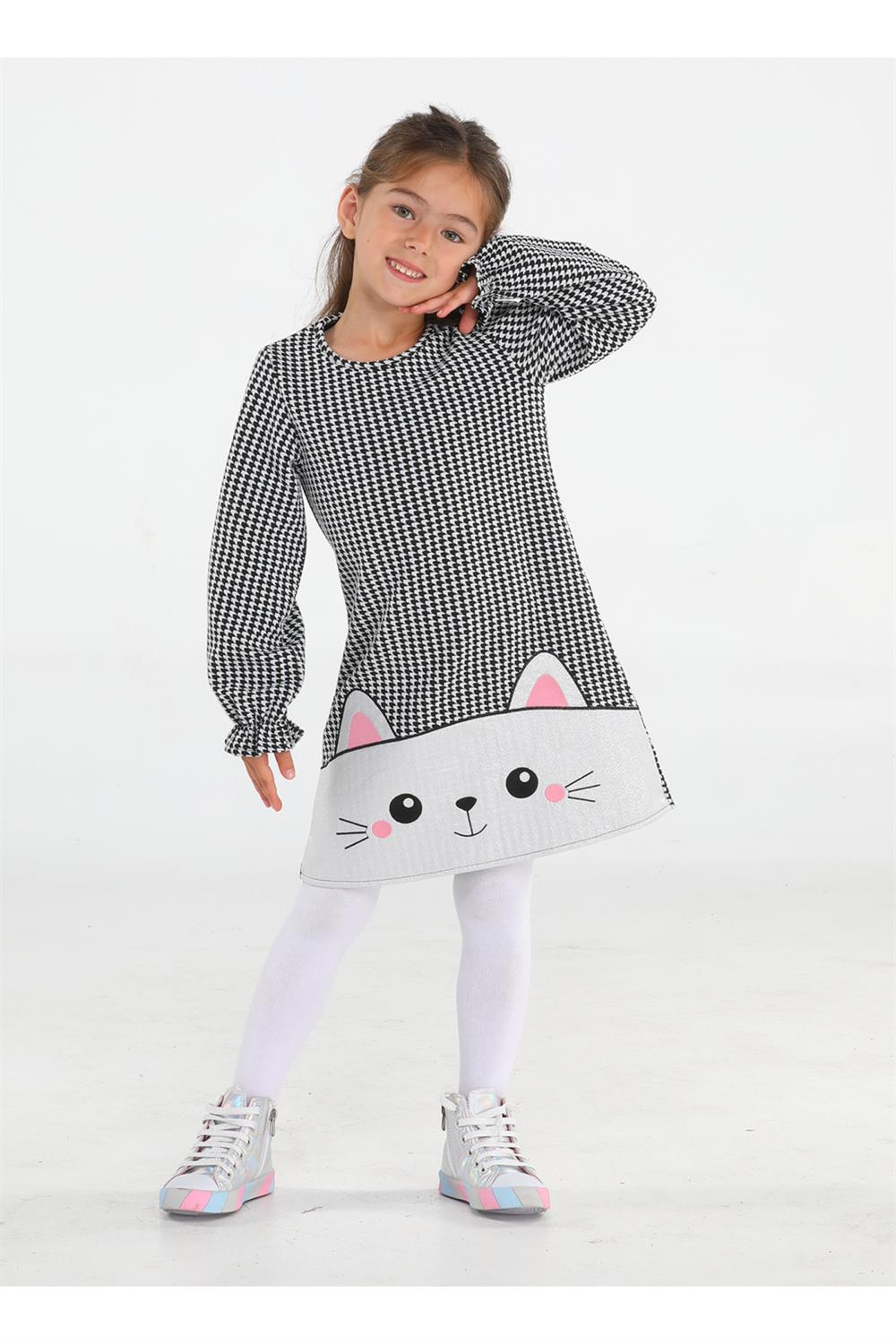 <tc>Robe fille à motif pied-de-poule avec broderie chat scintillante</tc>