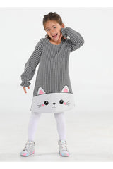 <tc>Robe fille à motif pied-de-poule avec broderie chat scintillante</tc>