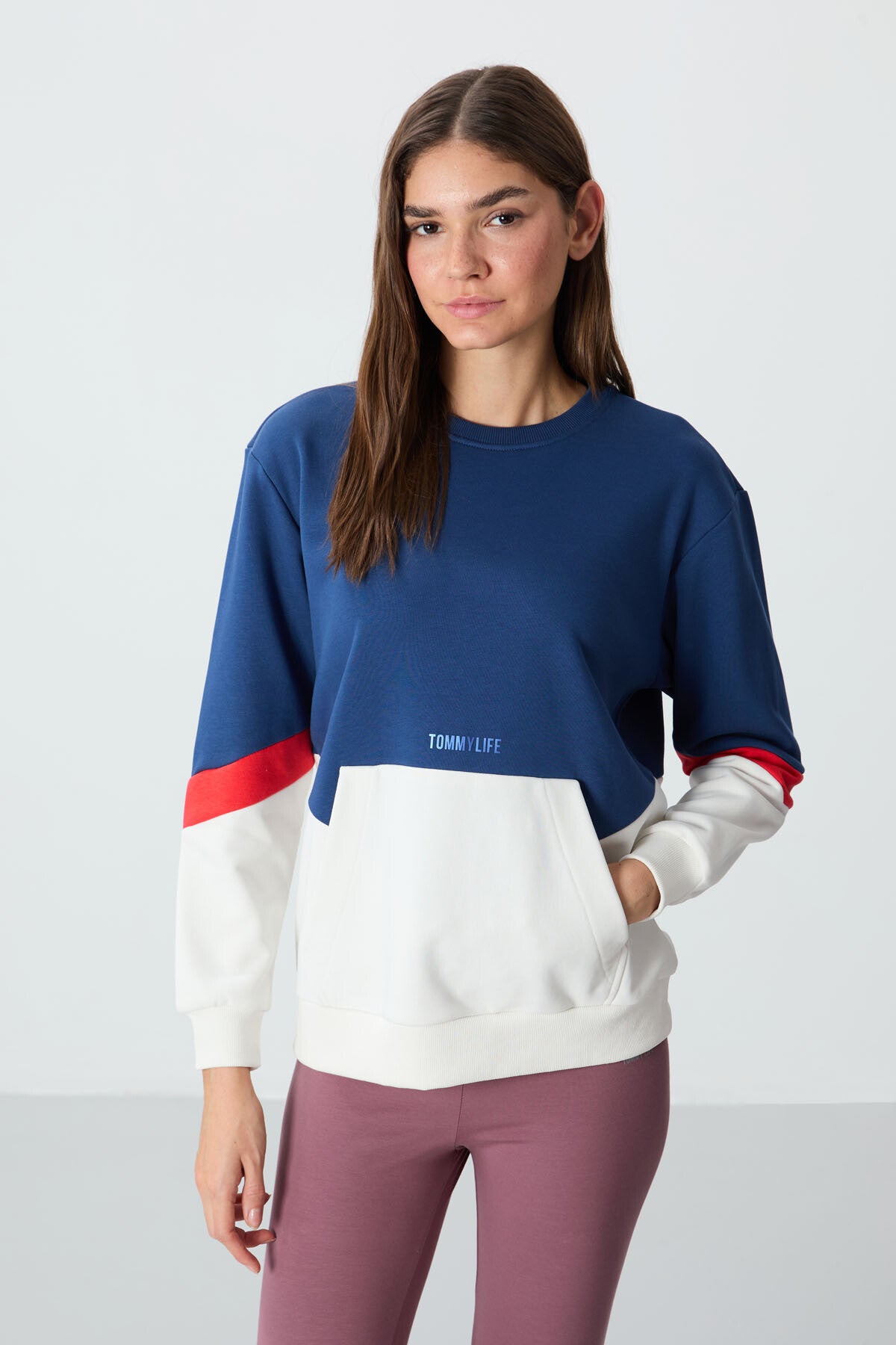 kompakt pamuklu kalin pürüzsüz dokulu o yaka oversize fit kadin sweatshirt - 97289