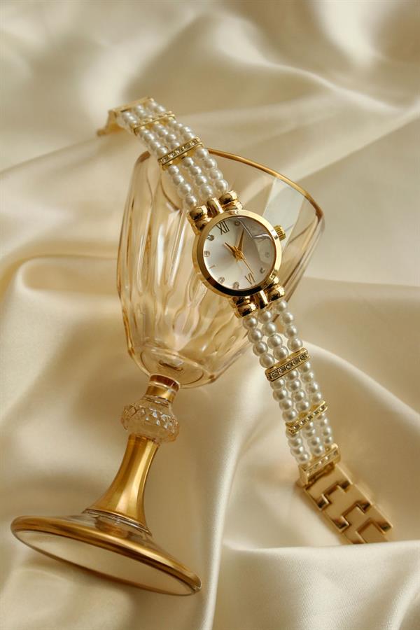 Pearl Gold Yuvarlak Metal İncili Kol Saati 10 - Justyol