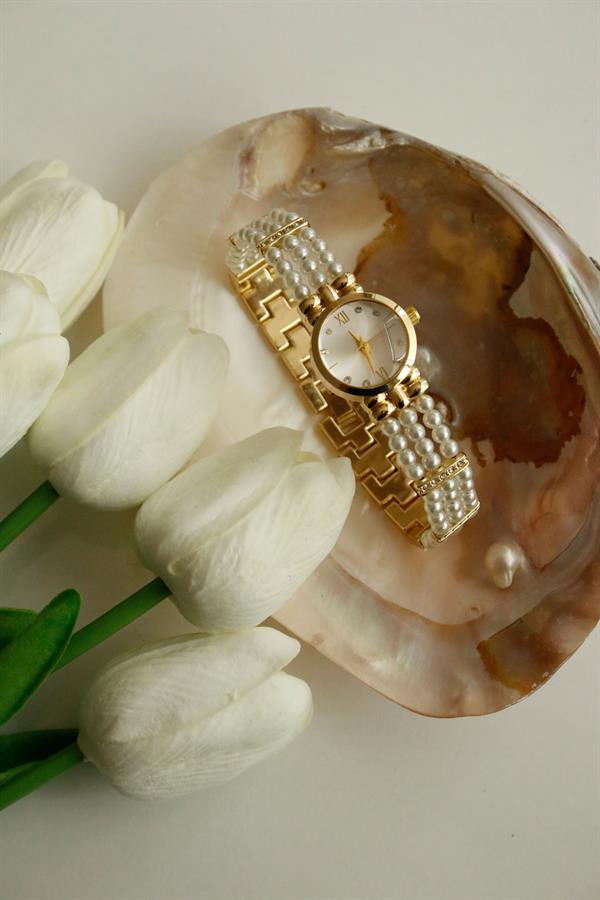 Pearl Gold Yuvarlak Metal İncili Kol Saati 10 - Justyol