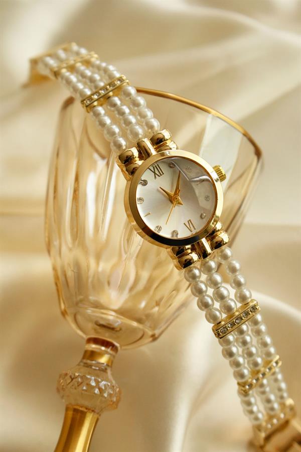 Pearl Gold Yuvarlak Metal İncili Kol Saati 10 - Justyol