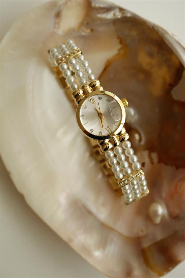Pearl Gold Yuvarlak Metal İncili Kol Saati 10 - Justyol