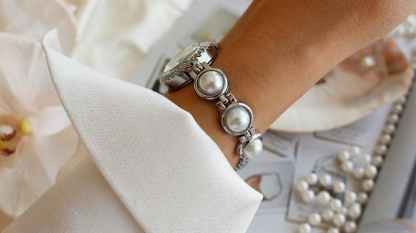 Pearl Silver Metal İncili Kol Saati 15(Beyaz Kadran)