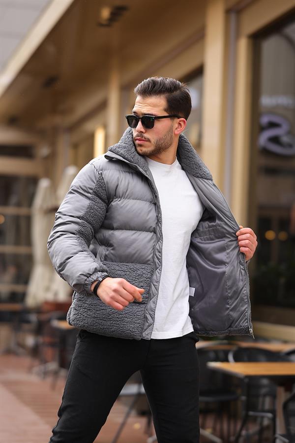 Veste Matelassée Homme avec Détails Effet Peluche – Manteau Chaud à Fermeture Zippée