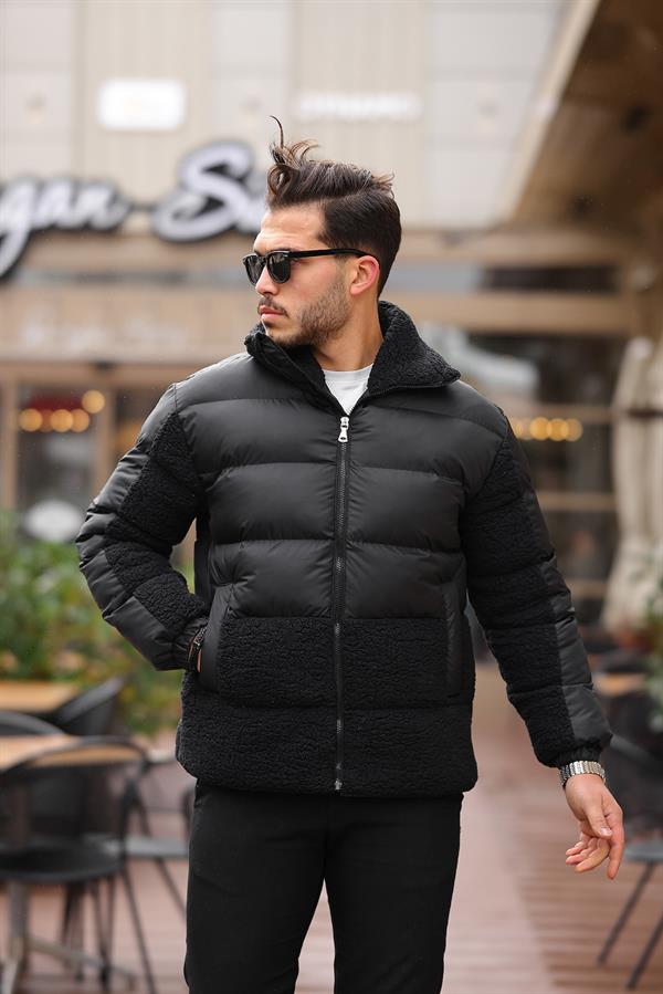 Veste Matelassée Homme avec Détails Effet Peluche – Manteau Chaud à Fermeture Zippée