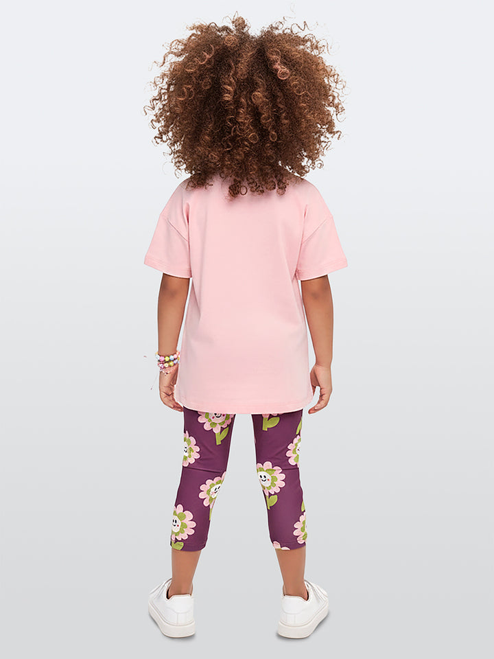 Ensemble Fille T-Shirt et Legging Imprimé Fleurs – Rose et Violet