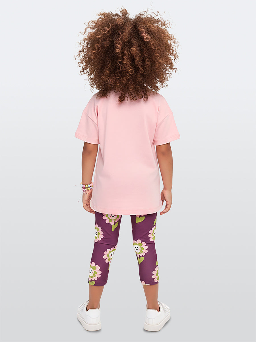 Ensemble Fille T-Shirt et Legging Imprimé Fleurs – Rose et Violet