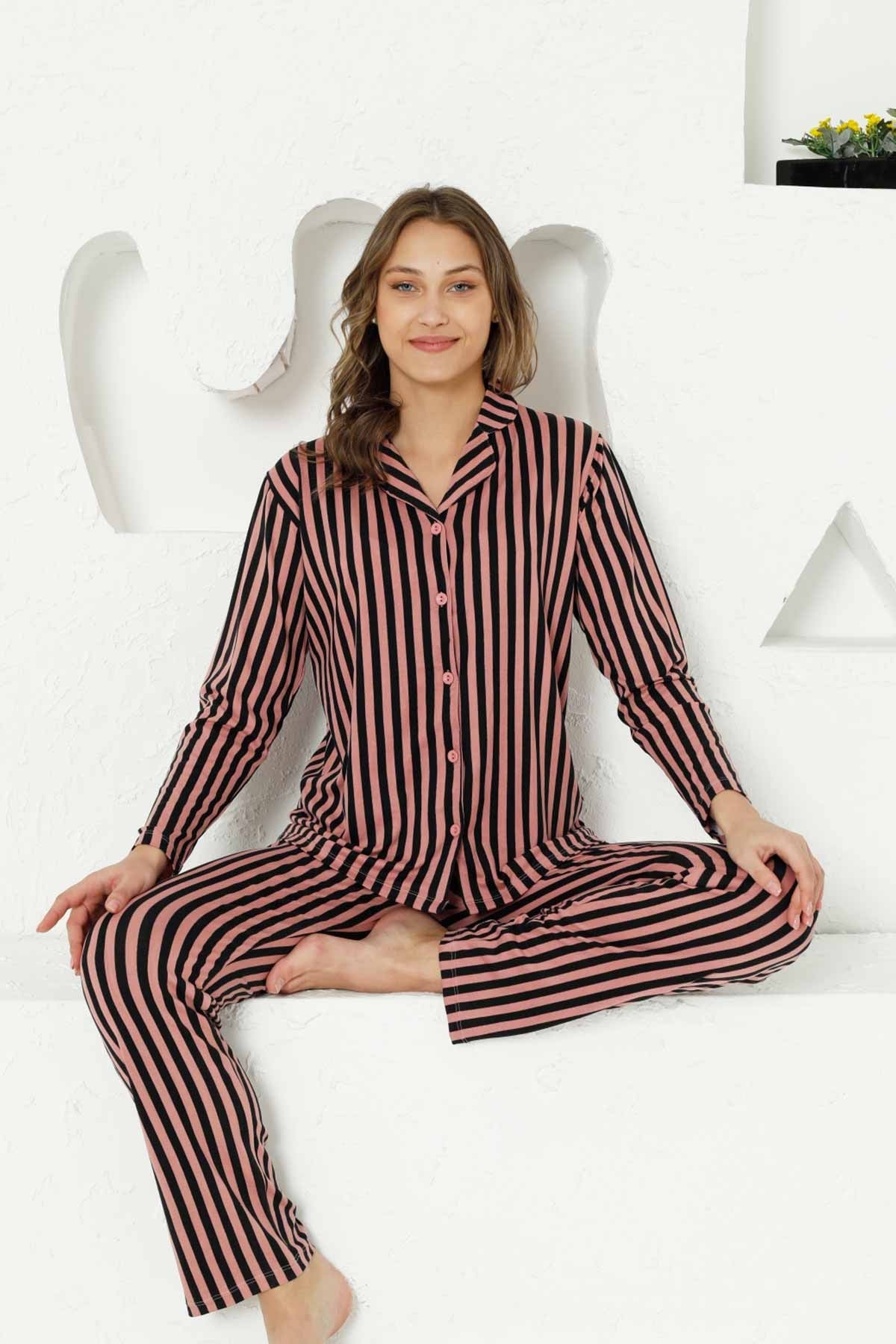 <tc>Ensemble de pyjama à manches longues en coton à rayures, entièrement élastique, Dreamy Secret.</tc>