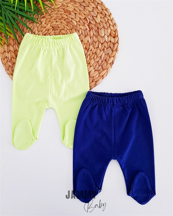 Ensemble pantalon 2 pièces en coton peigné à pieds - bleu marine-vert fluo