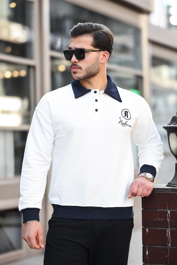Polo Yaka Düğmeli Nakışlı Sweatshirt - Justyol