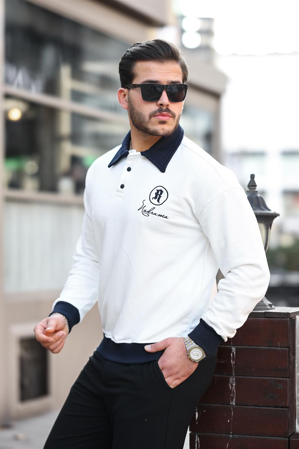 polo yaka düğmeli nakişli sweatshirt