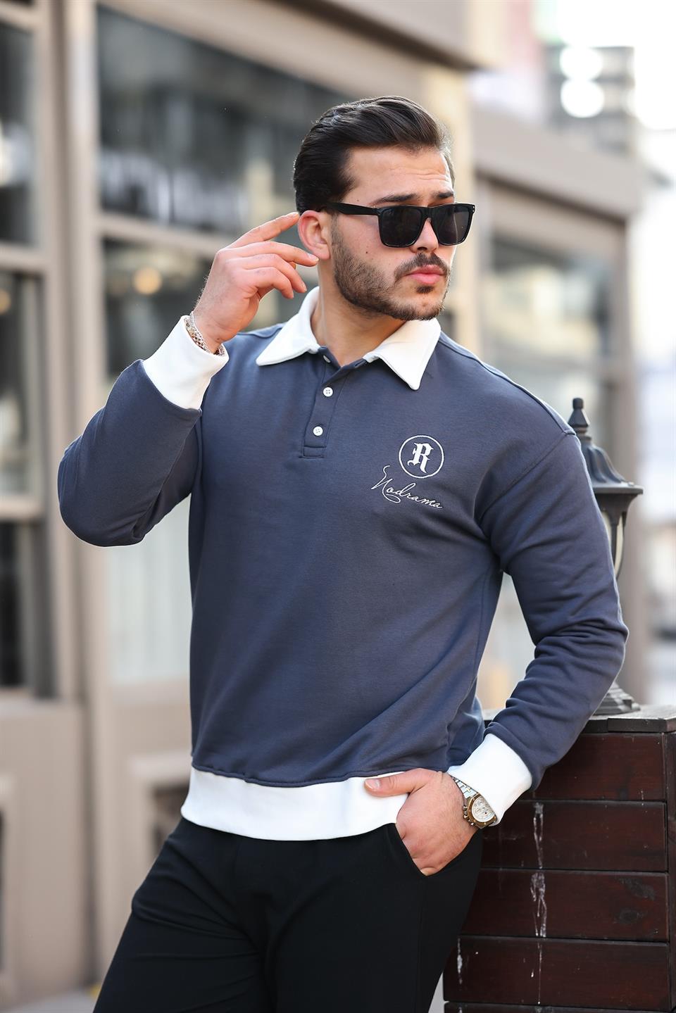 polo yaka düğmeli nakişli sweatshirt