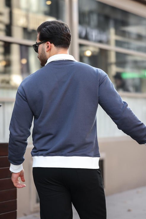 Polo Yaka Düğmeli Nakışlı Sweatshirt - Justyol