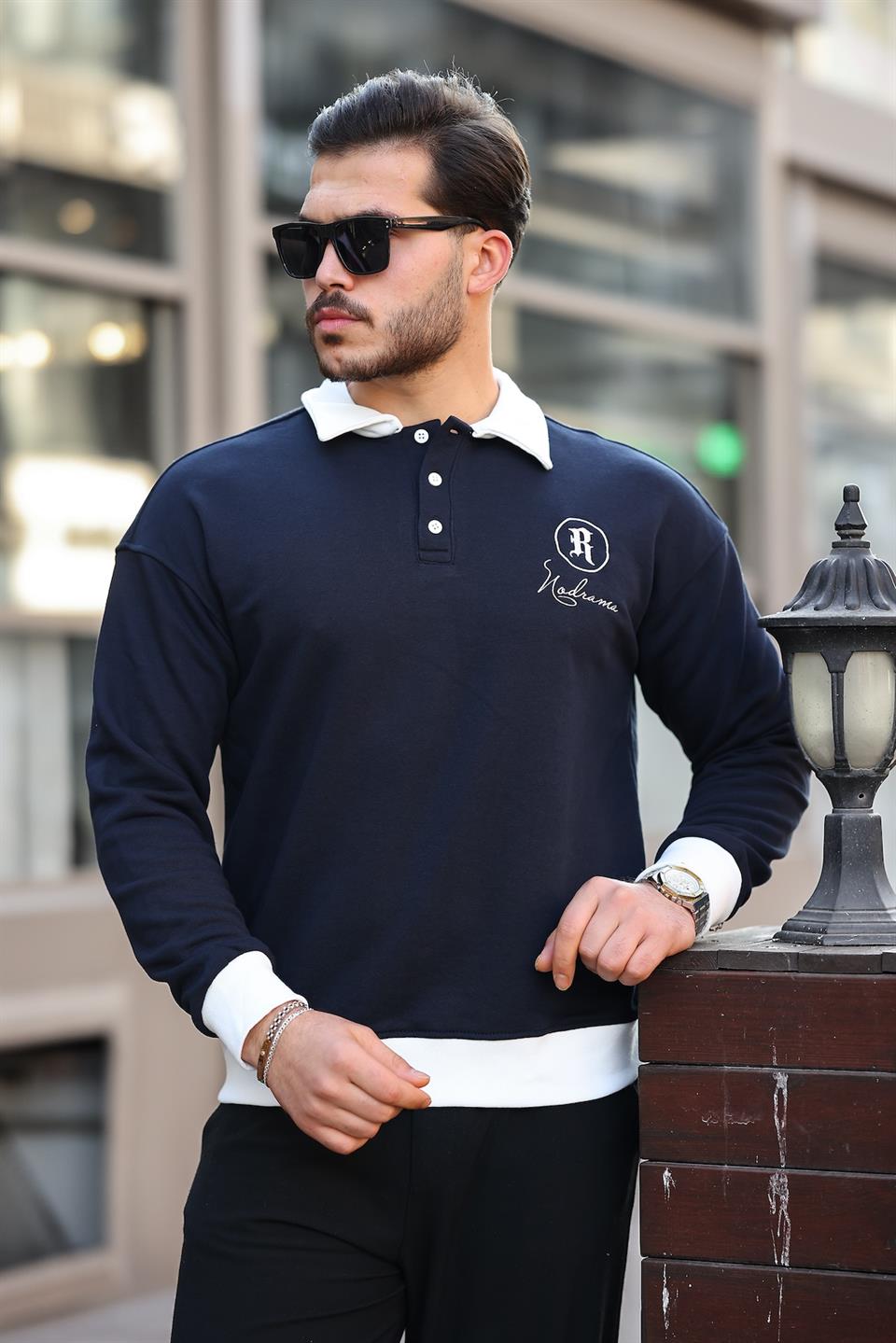 polo yaka düğmeli nakişli sweatshirt