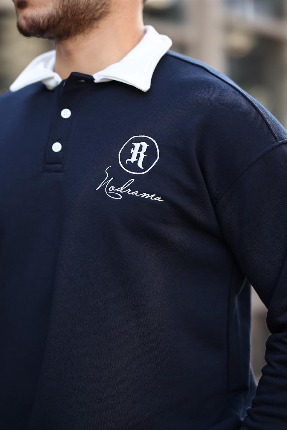 Polo Yaka Düğmeli Nakışlı Sweatshirt - Justyol