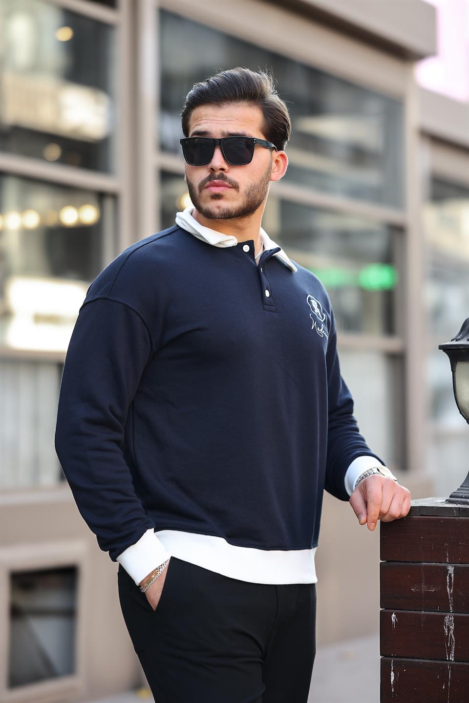 Polo Yaka Düğmeli Nakışlı Sweatshirt - Justyol
