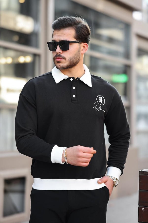 Polo Yaka Düğmeli Nakışlı Sweatshirt - Justyol