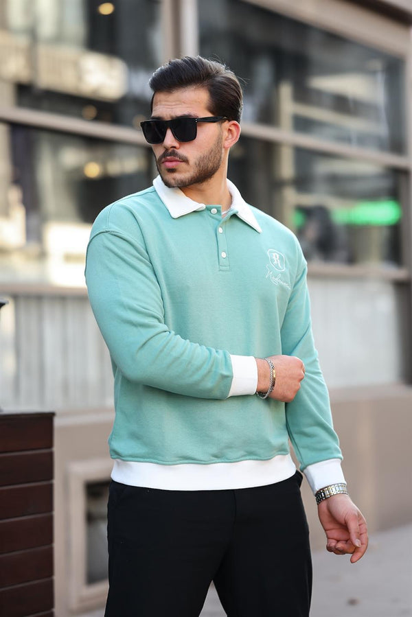 Polo Yaka Düğmeli Nakışlı Sweatshirt