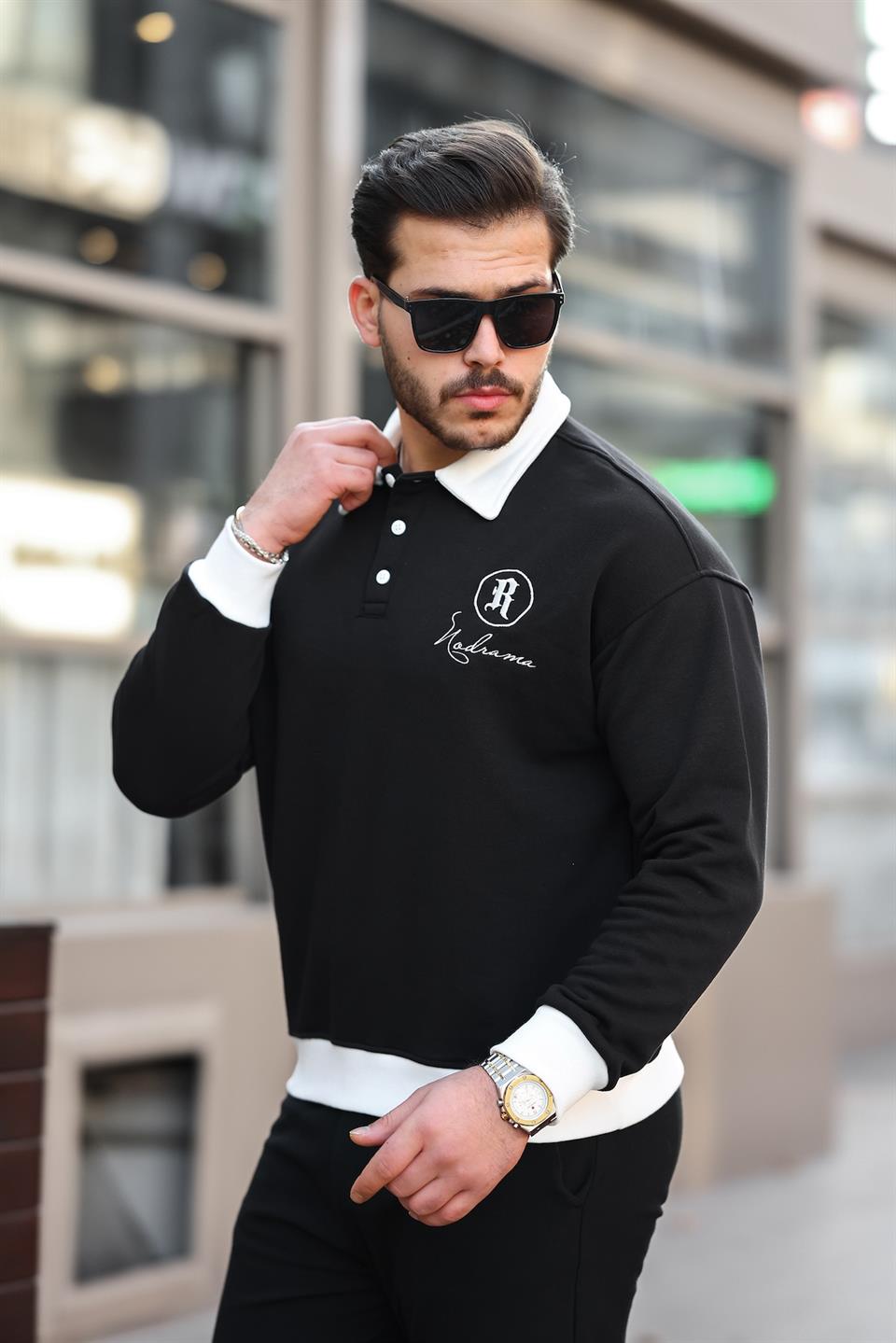 polo yaka düğmeli nakişli sweatshirt