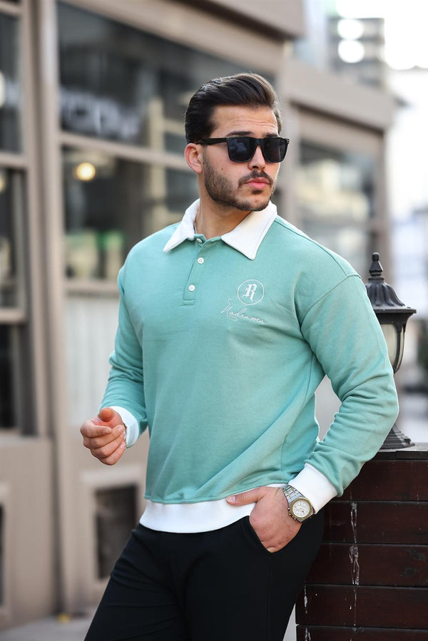 Polo Yaka Düğmeli Nakışlı Sweatshirt