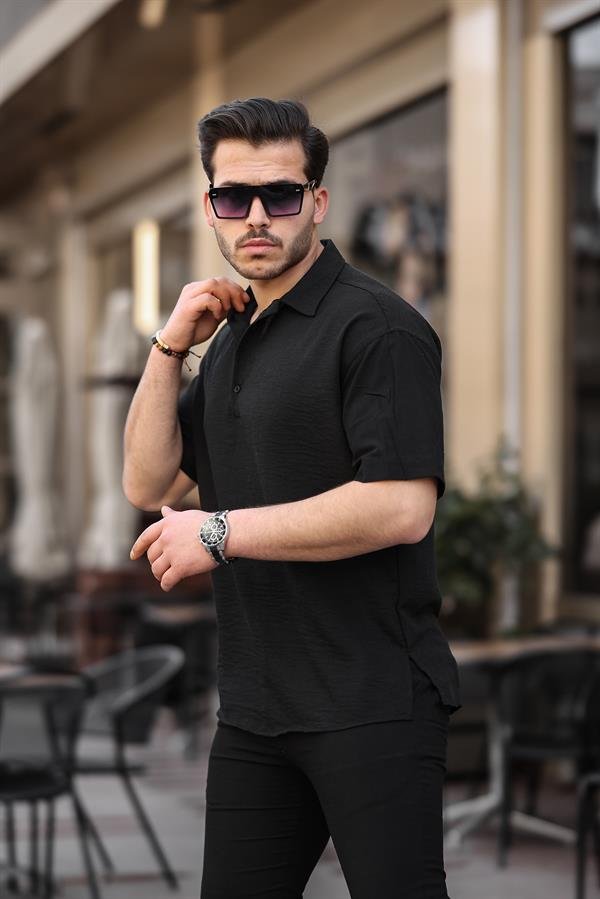 polo yaka oversize yarim pat bambu kisa kol gömlek - Justyol