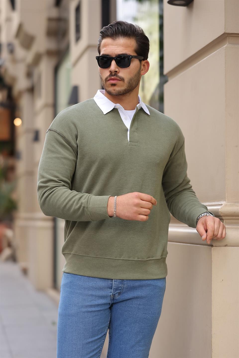 polo yaka selanik örme kumaş erkek sweatshirt - Justyol