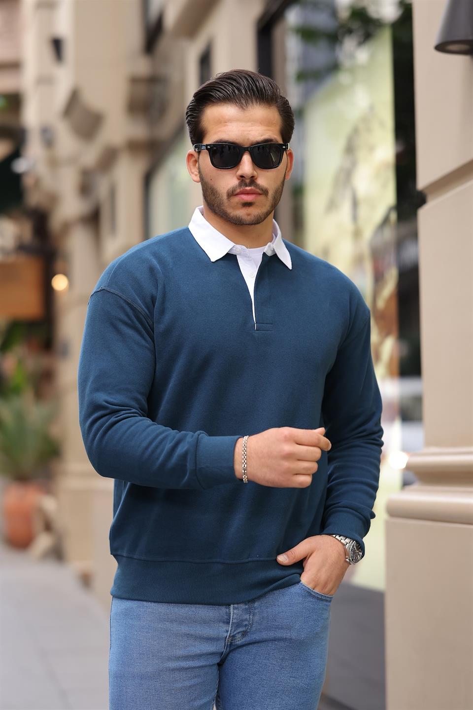 polo yaka selanik örme kumaş erkek sweatshirt - Justyol