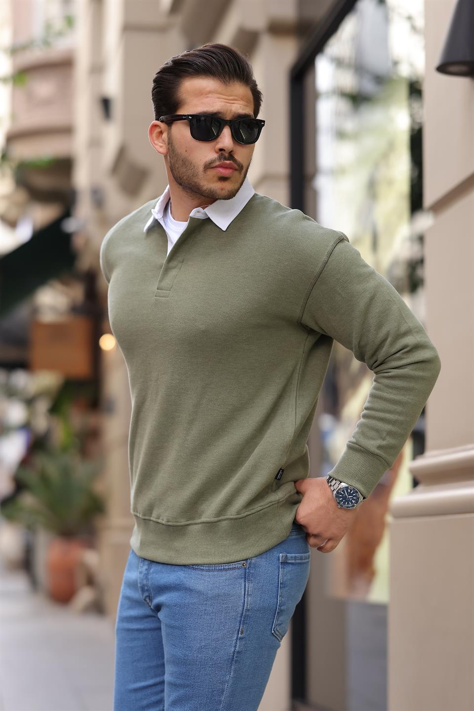 polo yaka selanik örme kumaş erkek sweatshirt - Justyol