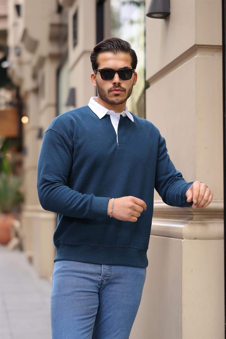 polo yaka selanik örme kumaş erkek sweatshirt - Justyol