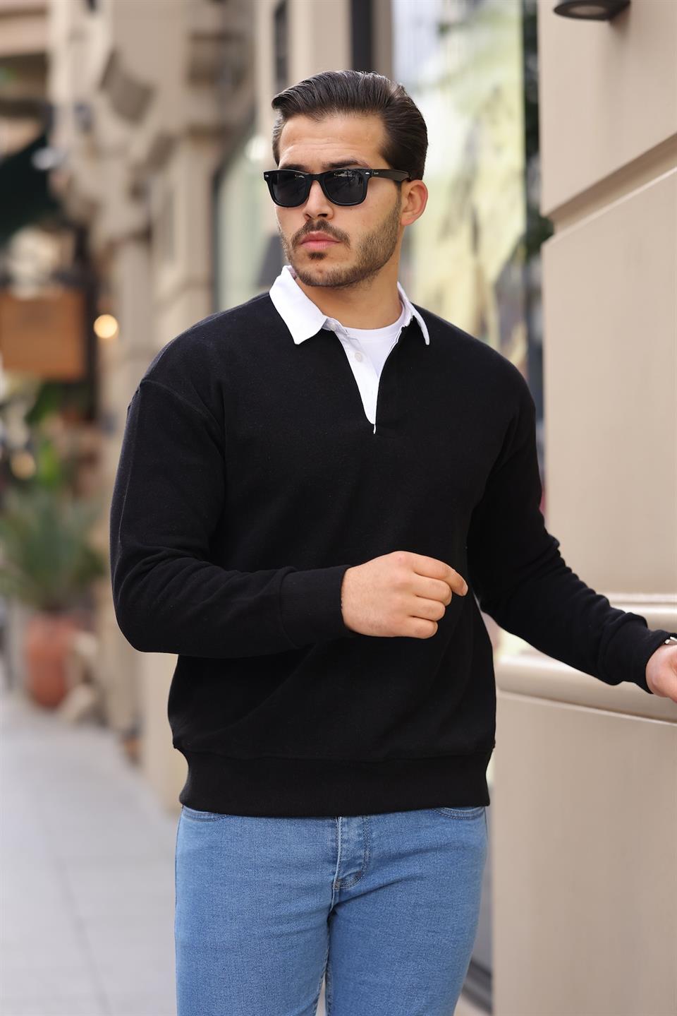 polo yaka selanik örme kumaş erkek sweatshirt - Justyol