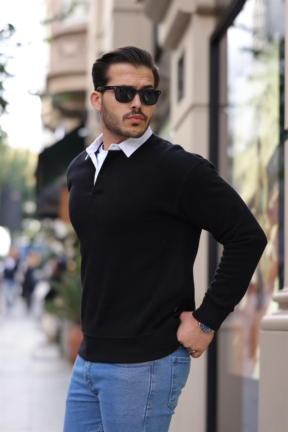 polo yaka selanik örme kumaş erkek sweatshirt - Justyol