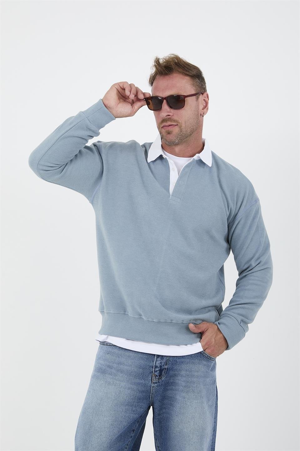 polo yaka selanik örme kumaş erkek sweatshirt - Justyol