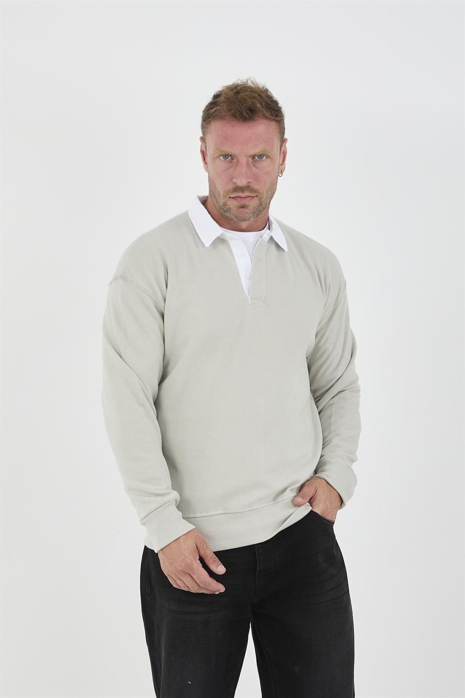 <tc>Sweatshirt pour homme en tissu tricoté de type selanik avec col polo.</tc>