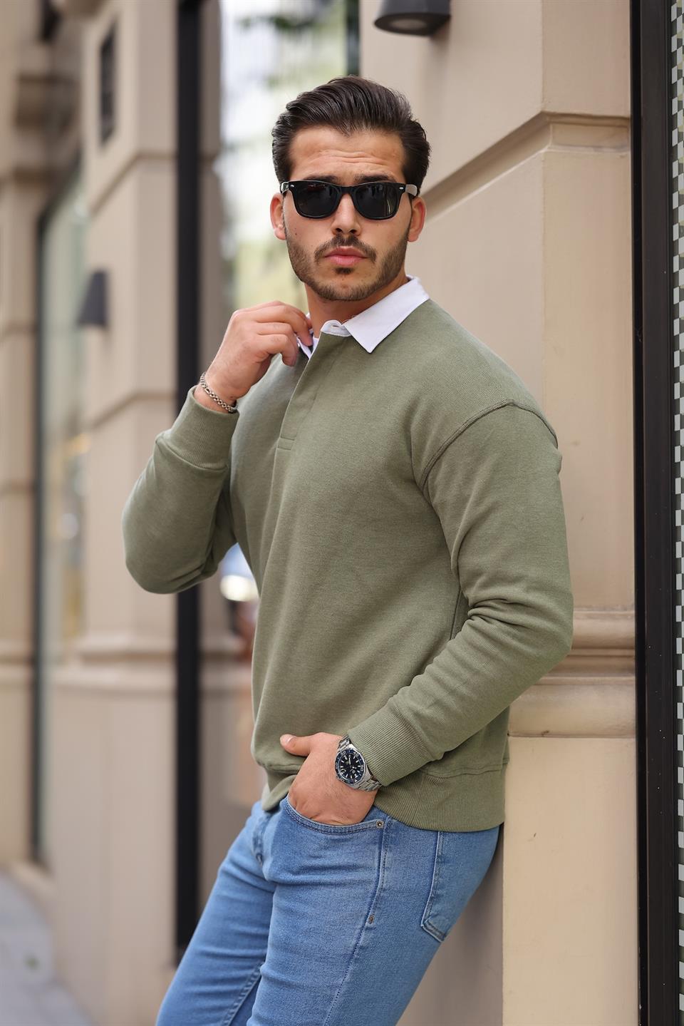 polo yaka selanik örme kumaş erkek sweatshirt - Justyol