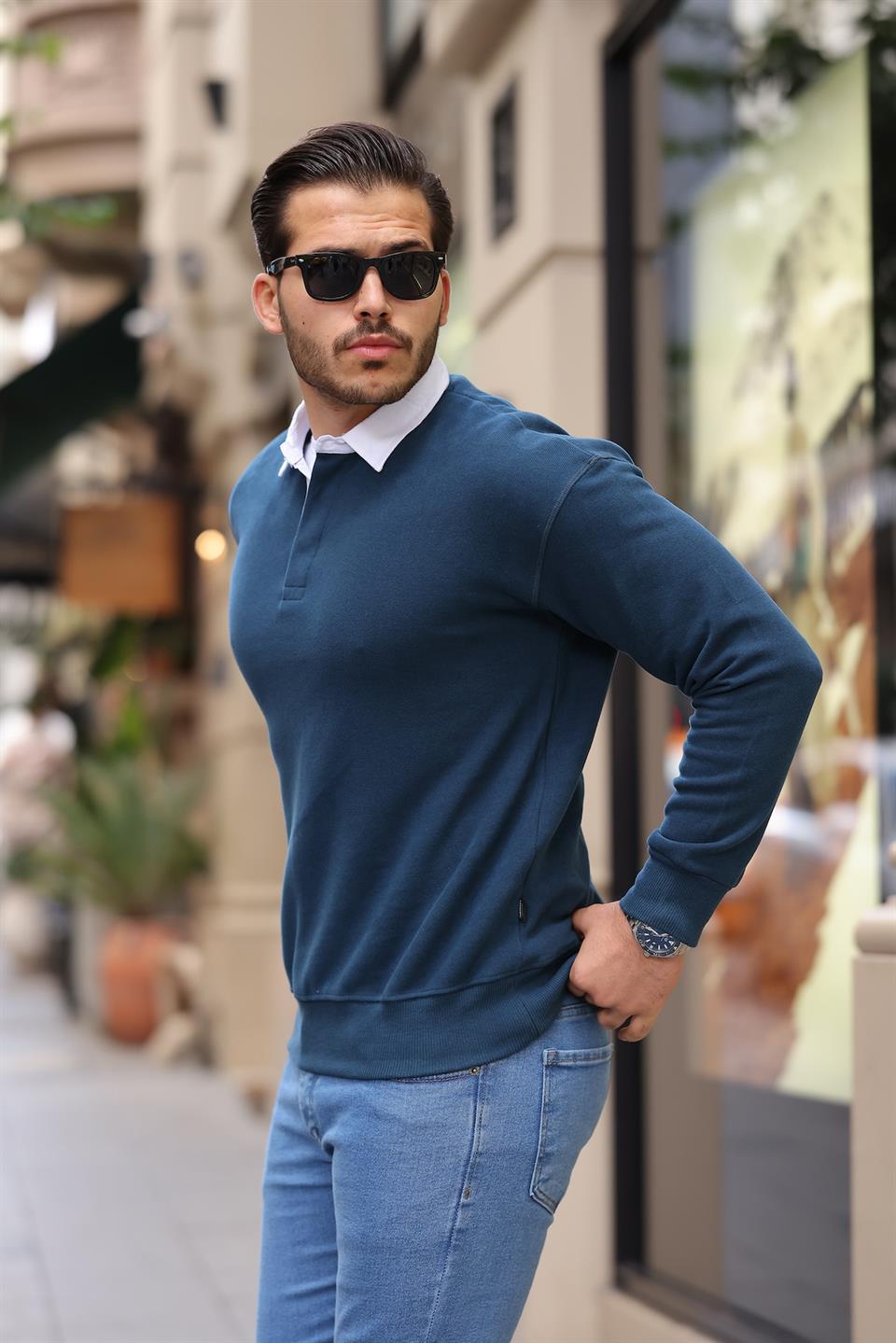 polo yaka selanik örme kumaş erkek sweatshirt - Justyol