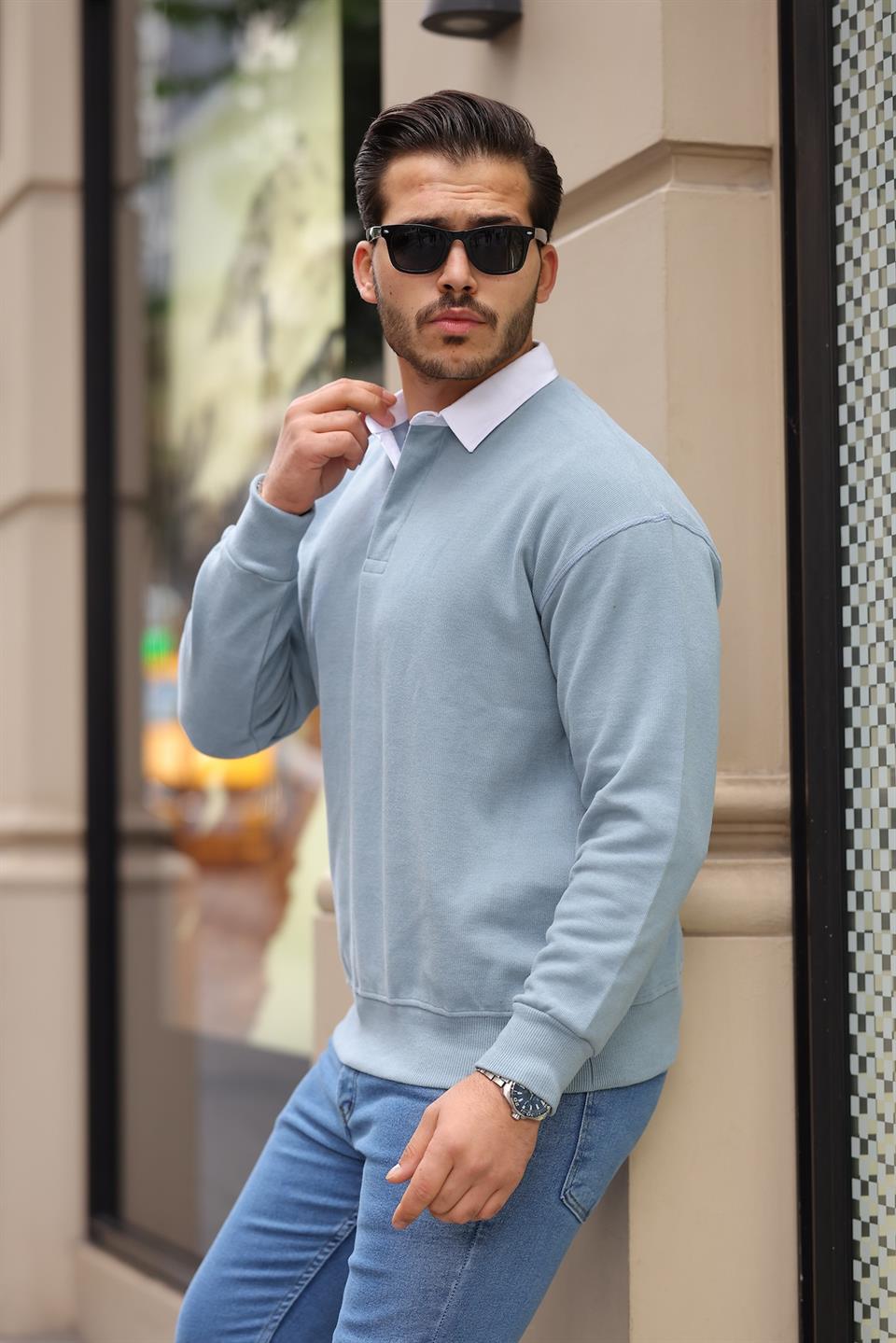 polo yaka selanik örme kumaş erkek sweatshirt - Justyol