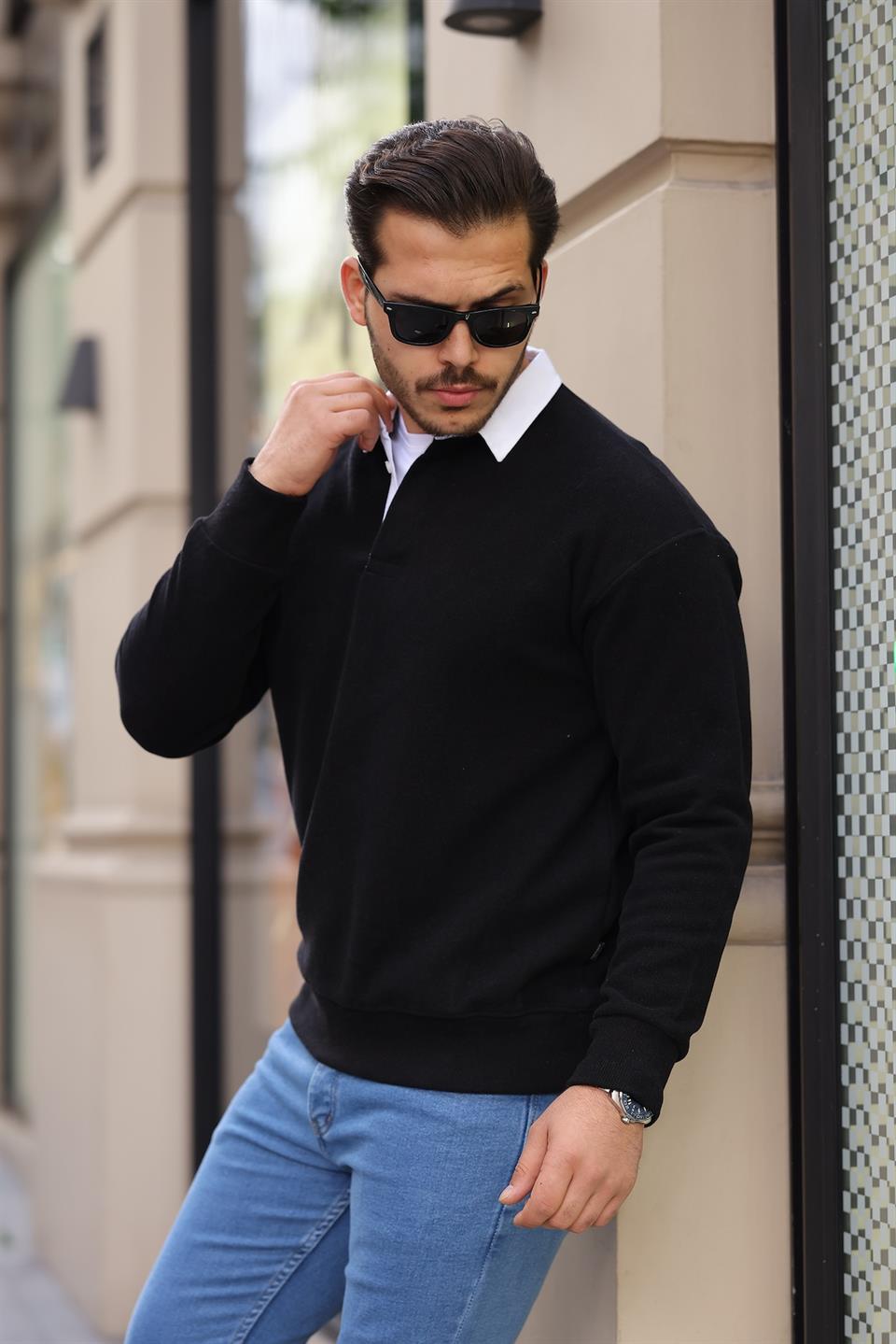 polo yaka selanik örme kumaş erkek sweatshirt - Justyol