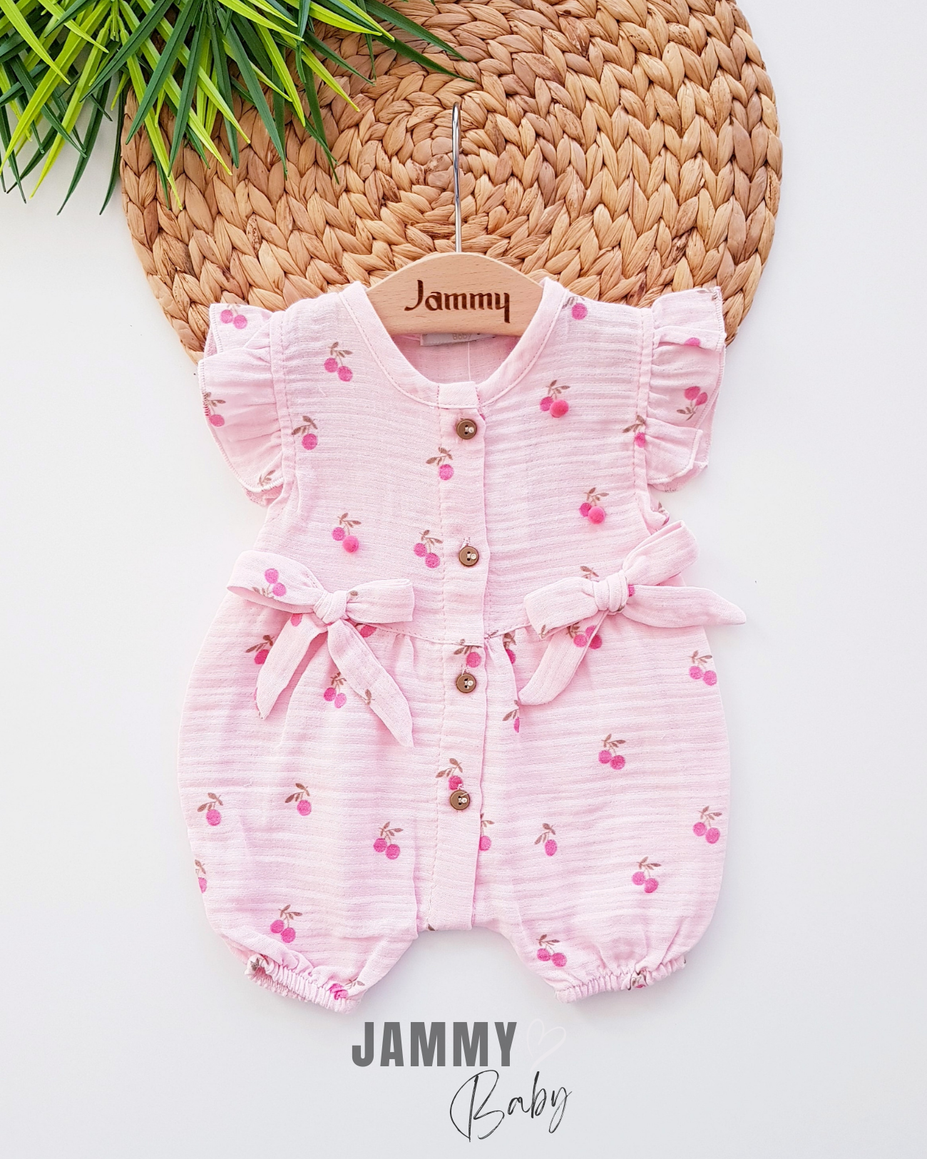 Pompom Cherry Muslin Jumpsuit-PINK