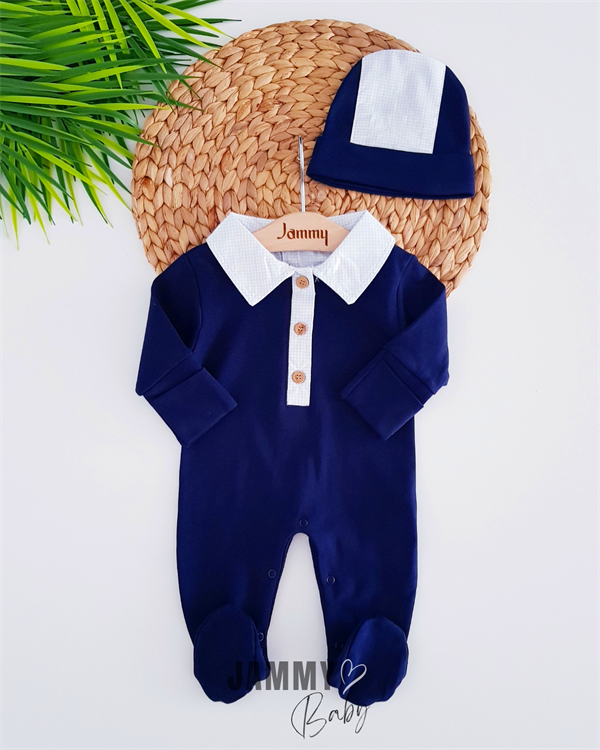 gingham detailed jumpsuit set with hat and gloves - navy blue