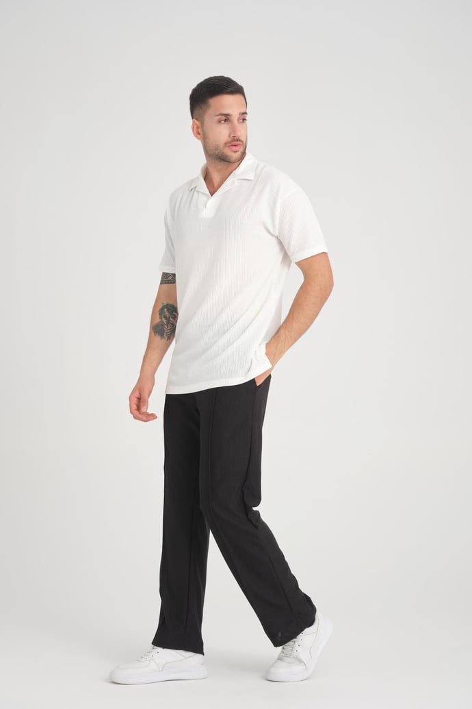 <tc>T-shirt premium à col en V, oversize, côtelé - Blanc.</tc>