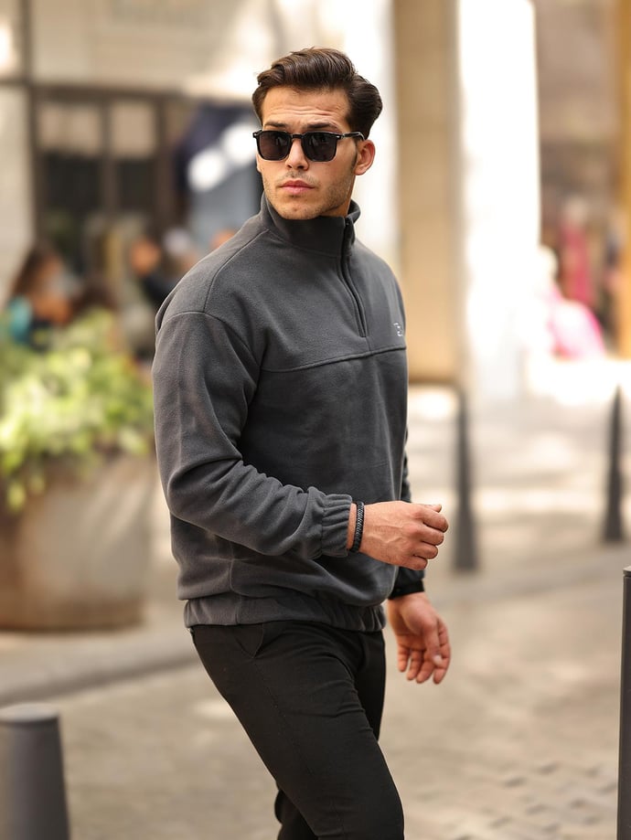 Premium Yarım Ferrmuar Polar Sweatshirt - Füme - 40842 - Justyol