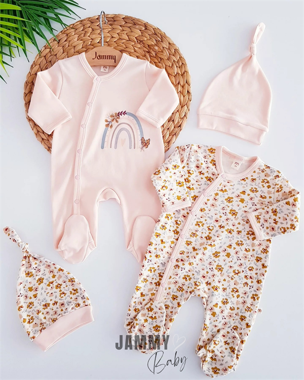 rainbow & flowers 2-piece jumpsuit set-salmon