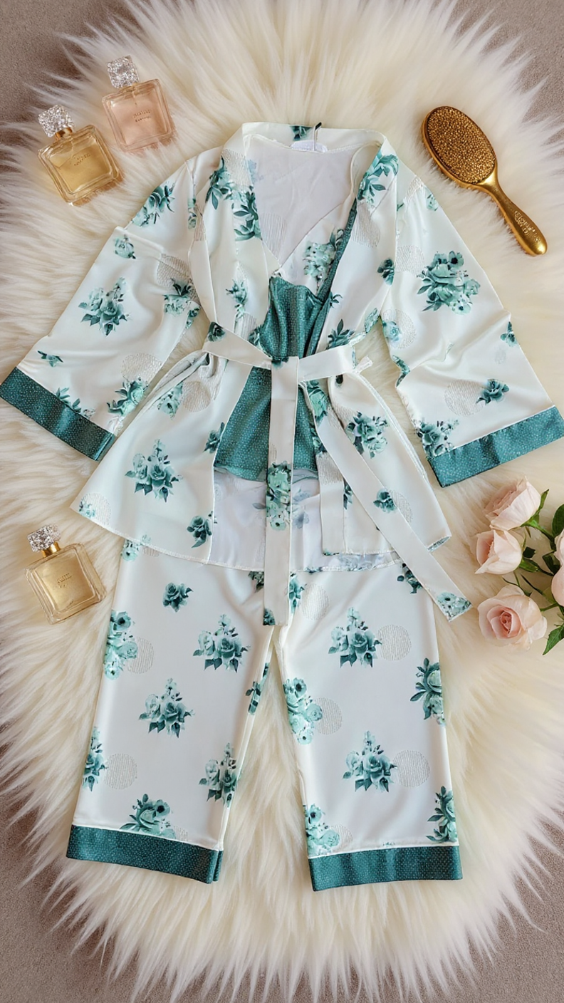 Pajama set 306 -Women’s Luxury Satin 3-Piece Pajama Set with Lace Trim Erotica