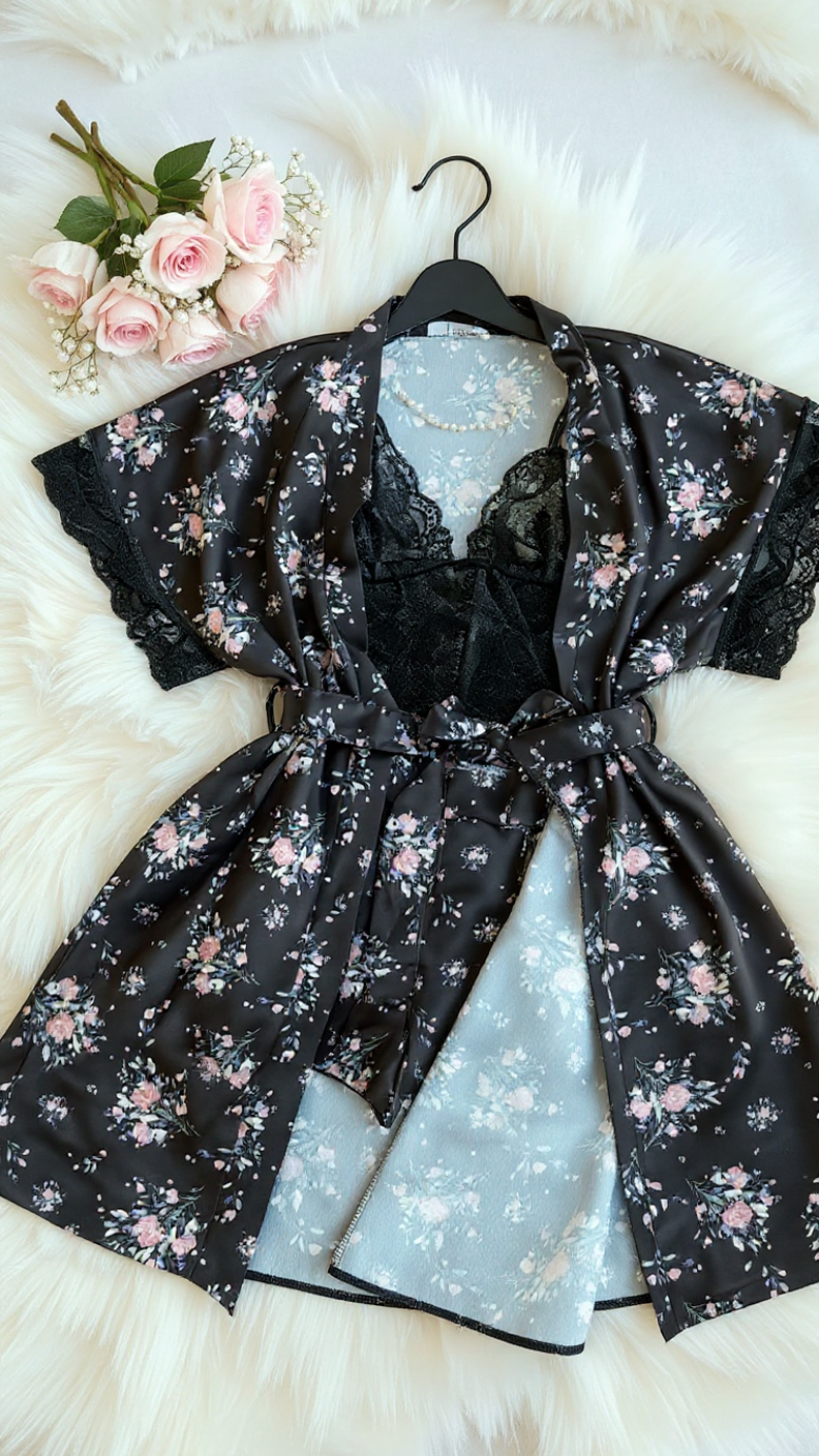 Pajama set 316 -Floral Satin & Lace 3-Piece Nightwear Set – Robe, Bralette & short Erotica