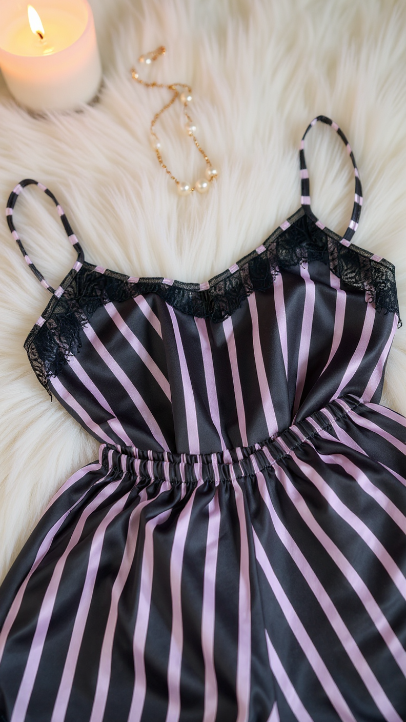Nightsuit 155 -Striped Satin Nightwear Set with Elegant Lace Detail Erotica