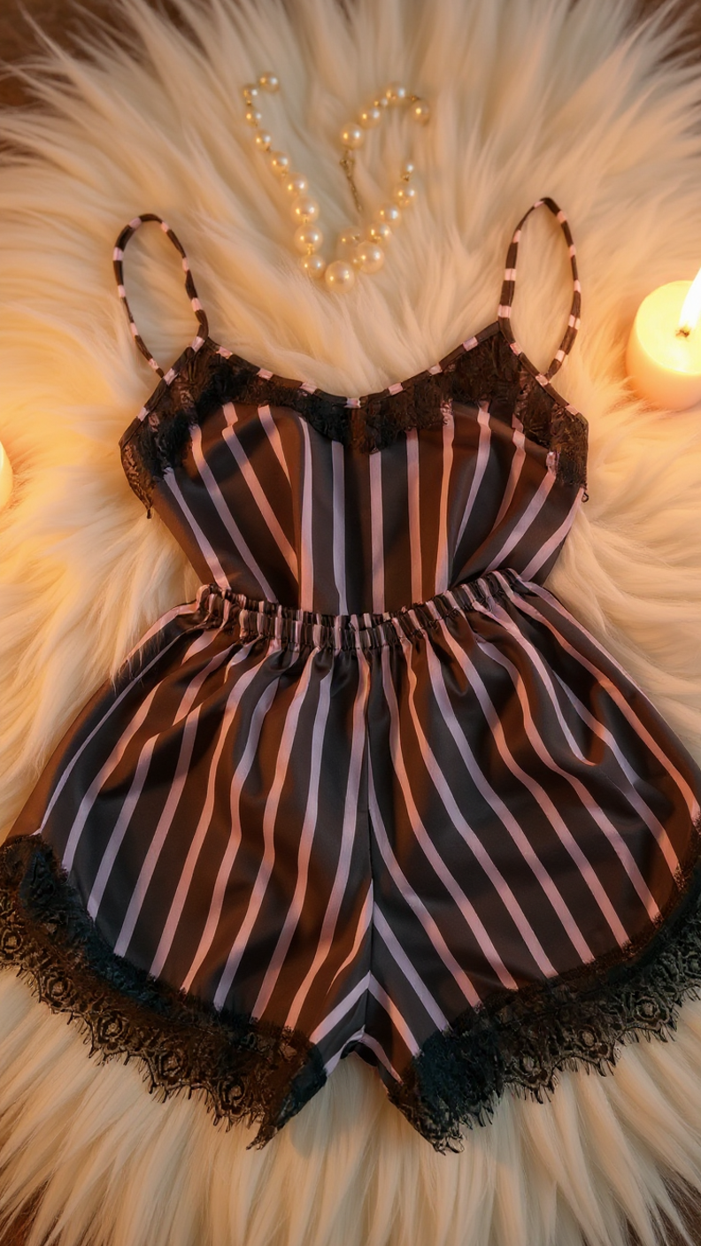 Nightsuit 155 -Striped Satin Nightwear Set with Elegant Lace Detail Erotica