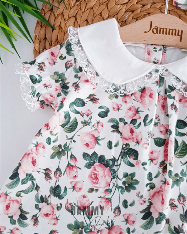 Ensemble Robe Fille avec Collant & Bandana Imprimé Rose – 100 % Coton